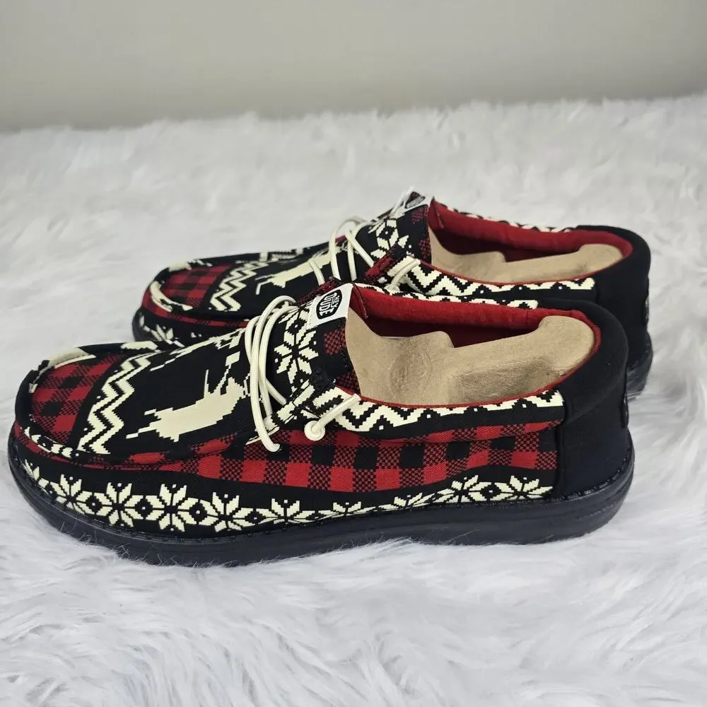 Hey Dude Wally Holiday Cheers Men's Size 12 Black Red Shoes Christmas Dudes